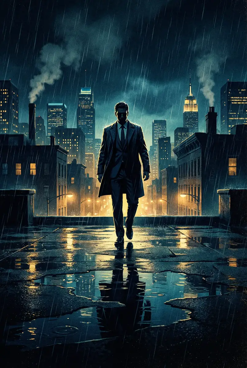 金瓶梅电影完整版在线观看 出品影片《雨夜独行者》海报，雨中城市屋顶男性剪影